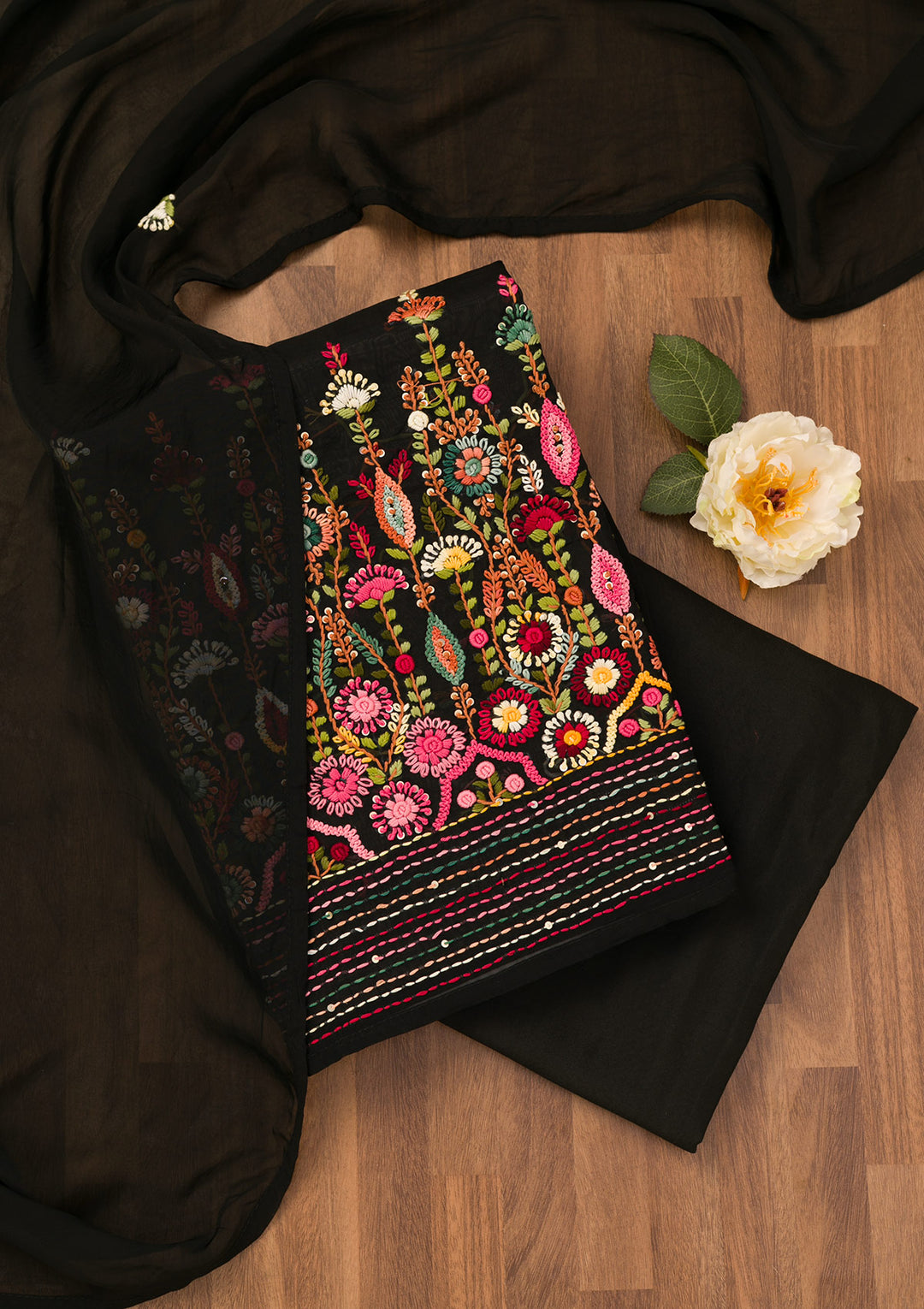 Black Georgette Threadwork Unstitched Dress Material With Matching Bottom And Dupatta