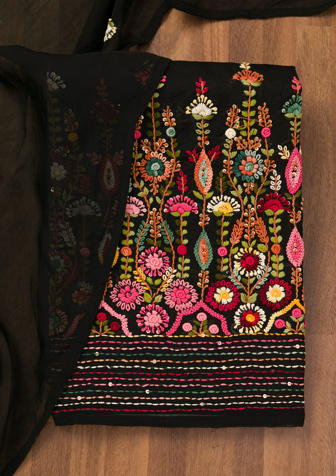 Black Georgette Threadwork Unstitched Dress Material With Matching Bottom And Dupatta