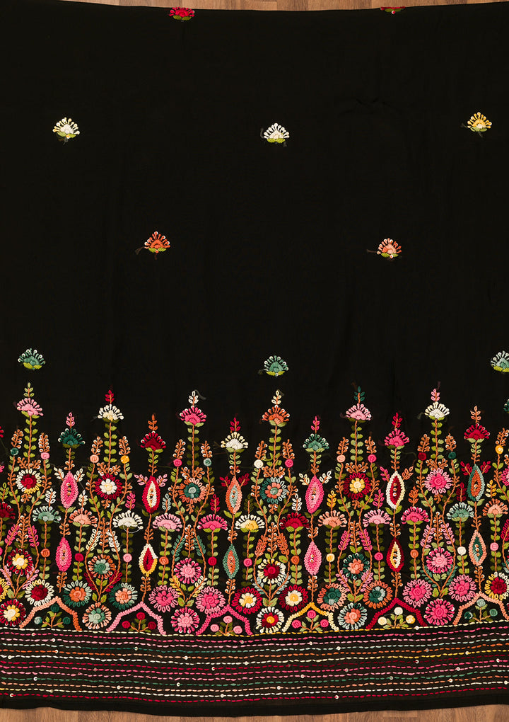 Black Georgette Threadwork Unstitched Dress Material With Matching Bottom And Dupatta