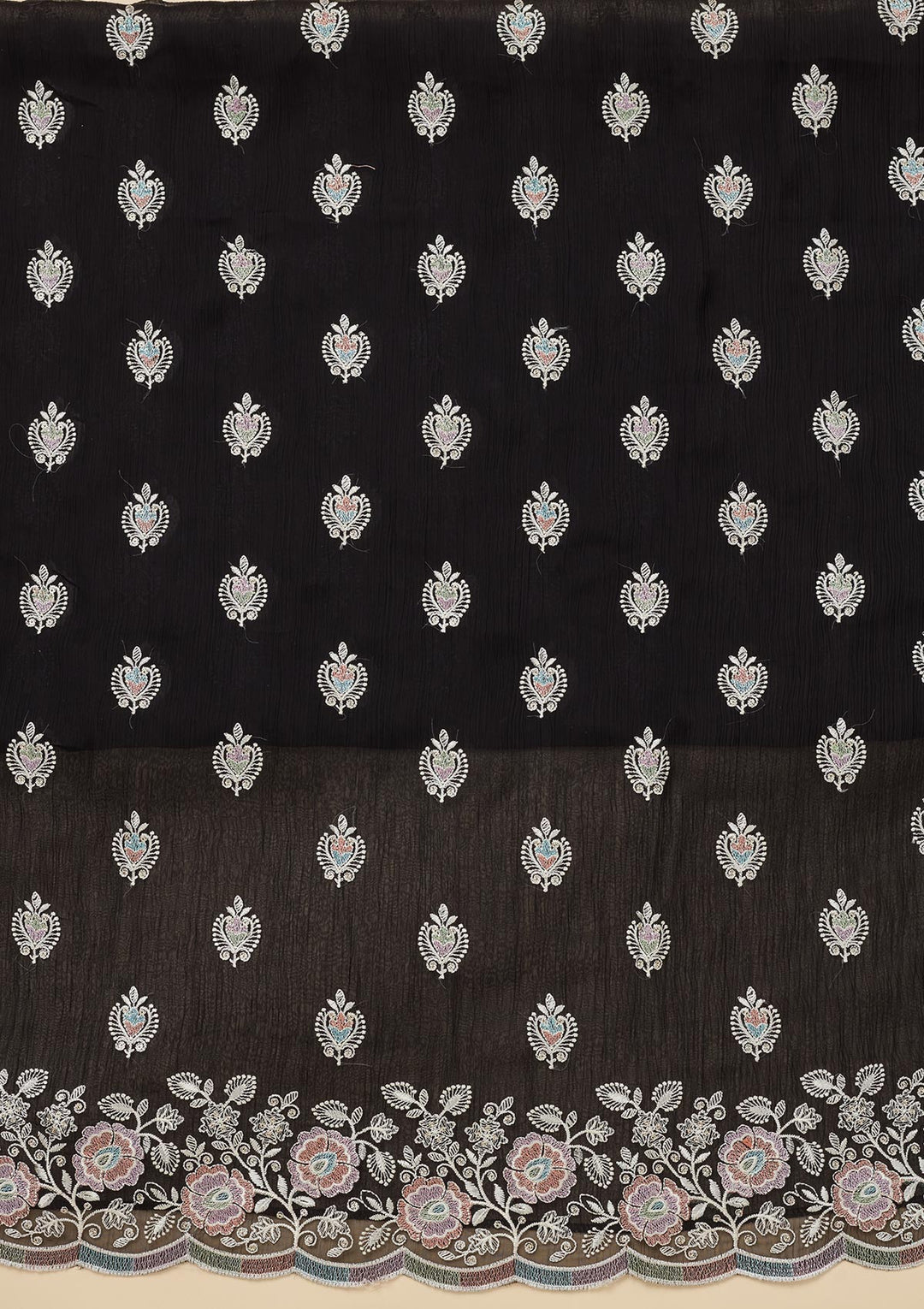 Black Chinon Threadwork Unstitched Dress Material With Matching Bottom And Dupatta