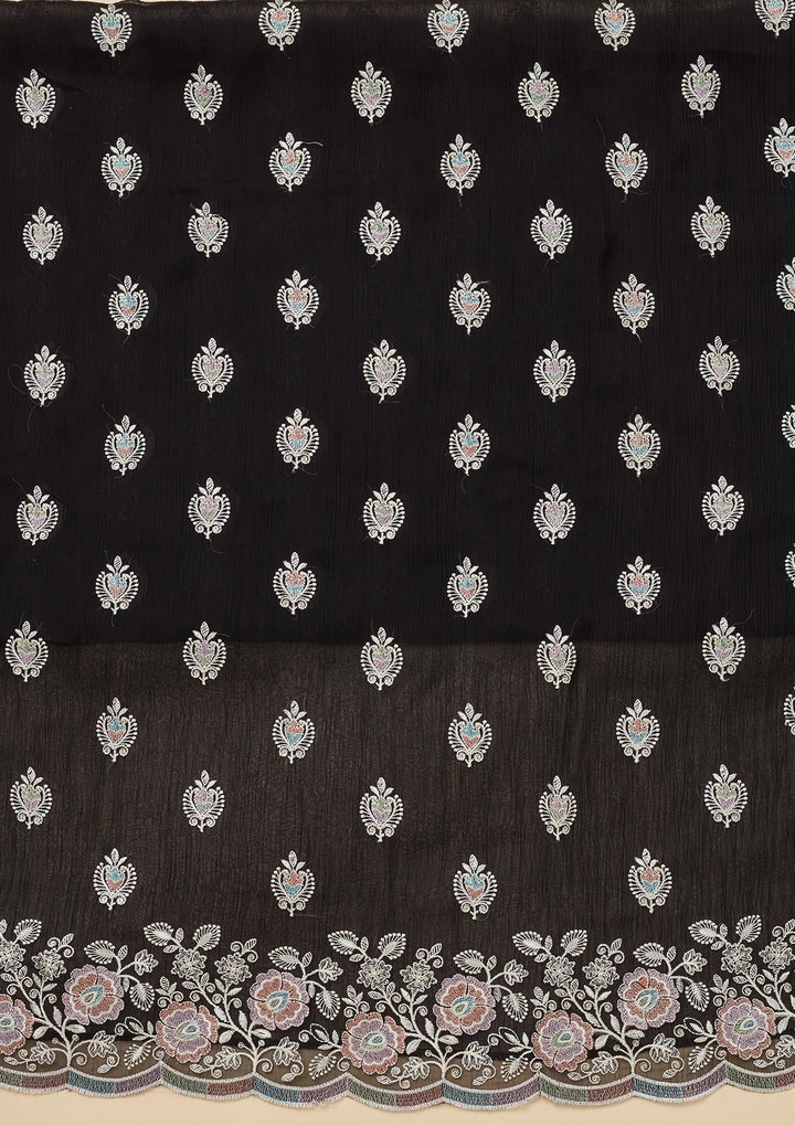 Black Chinon Threadwork Unstitched Dress Material With Matching Bottom And Dupatta