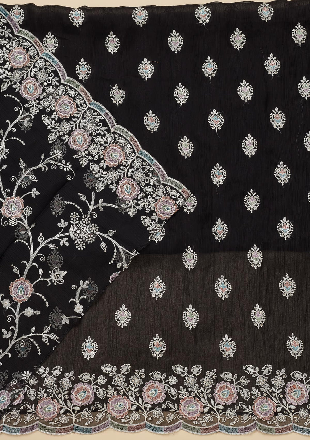 Black Chinon Threadwork Unstitched Dress Material With Matching Bottom And Dupatta