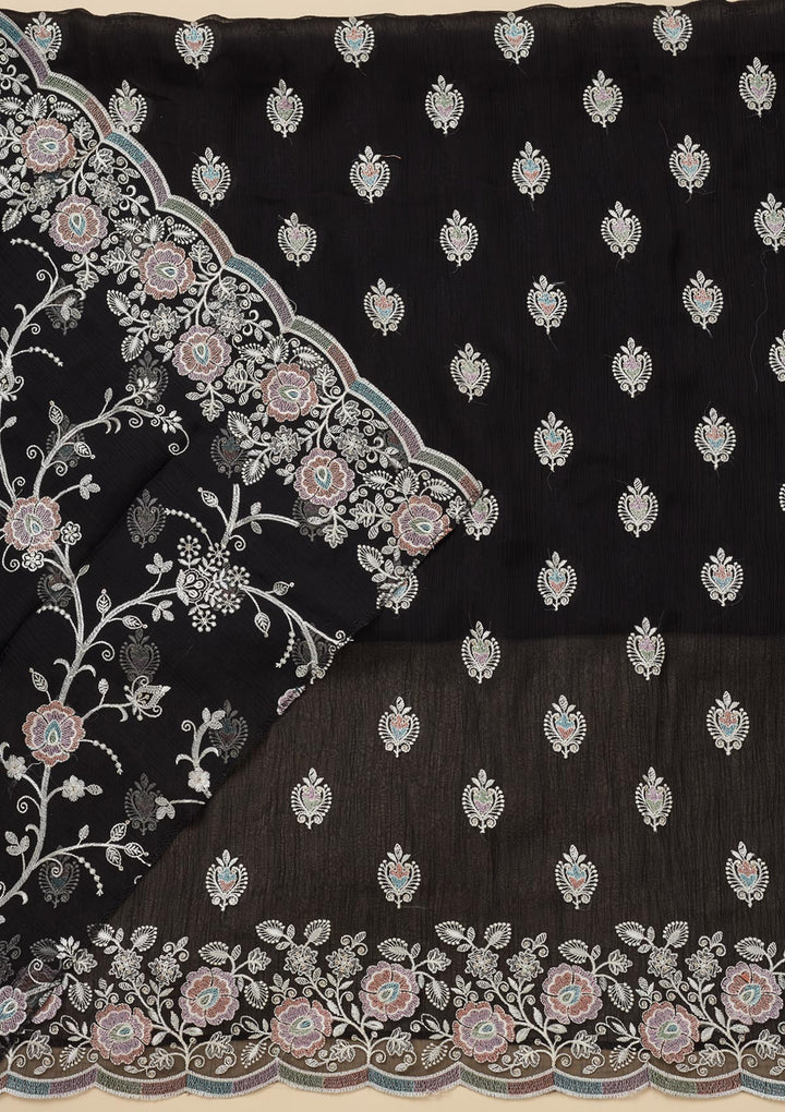 Black Chinon Threadwork Unstitched Dress Material With Matching Bottom And Dupatta