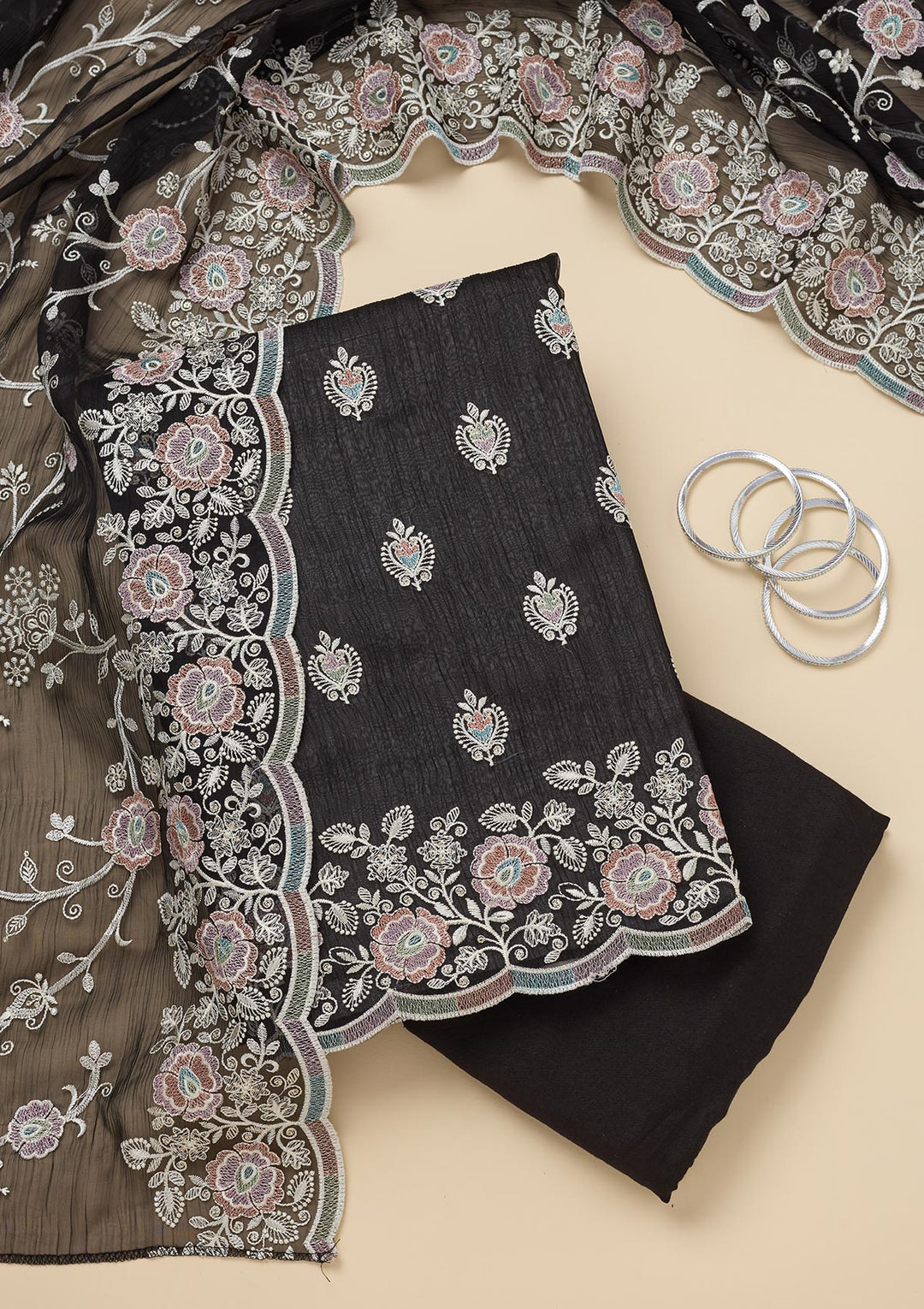 Black Chinon Threadwork Unstitched Dress Material With Matching Bottom And Dupatta
