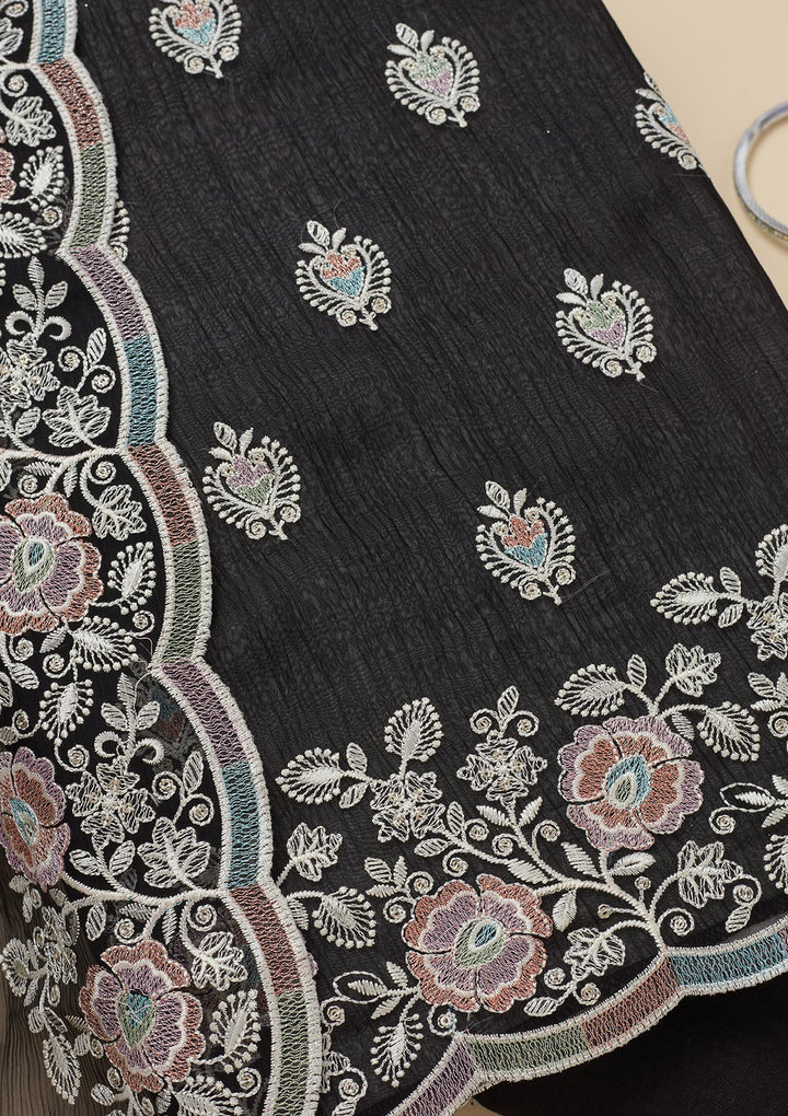 Black Chinon Threadwork Unstitched Dress Material With Matching Bottom And Dupatta