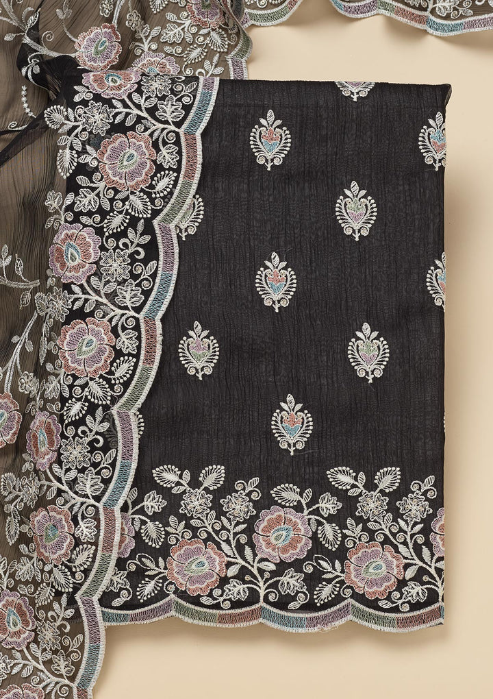 Black Chinon Threadwork Unstitched Dress Material With Matching Bottom And Dupatta