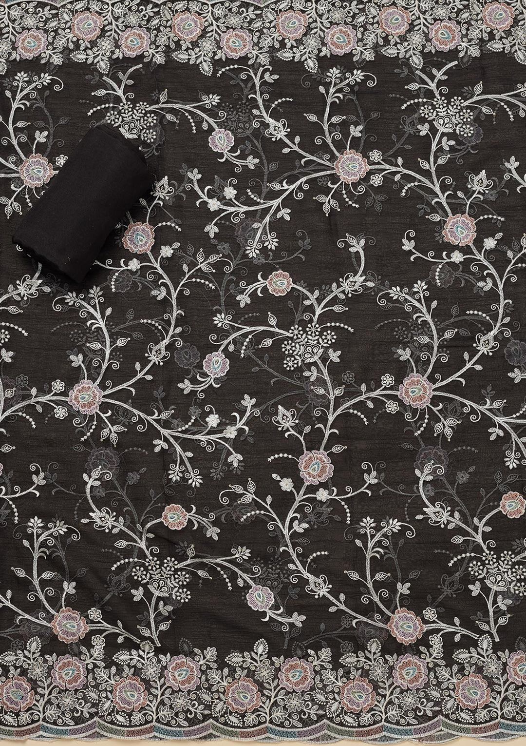 Black Chinon Threadwork Unstitched Dress Material With Matching Bottom And Dupatta