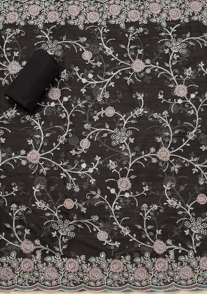 Black Chinon Threadwork Unstitched Dress Material With Matching Bottom And Dupatta