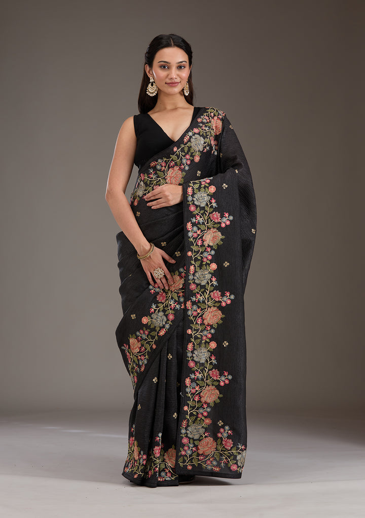 Black Tissue Threadwork Saree With Matching Blouse Piece