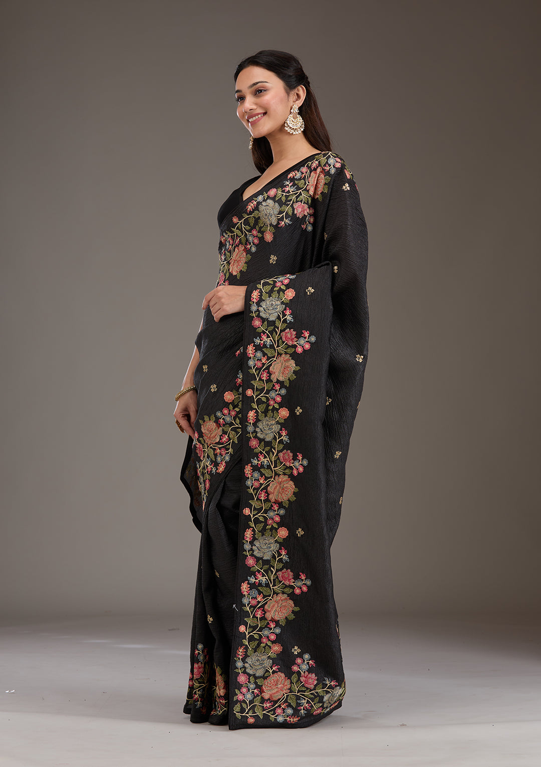 Black Tissue Threadwork Saree With Matching Blouse Piece