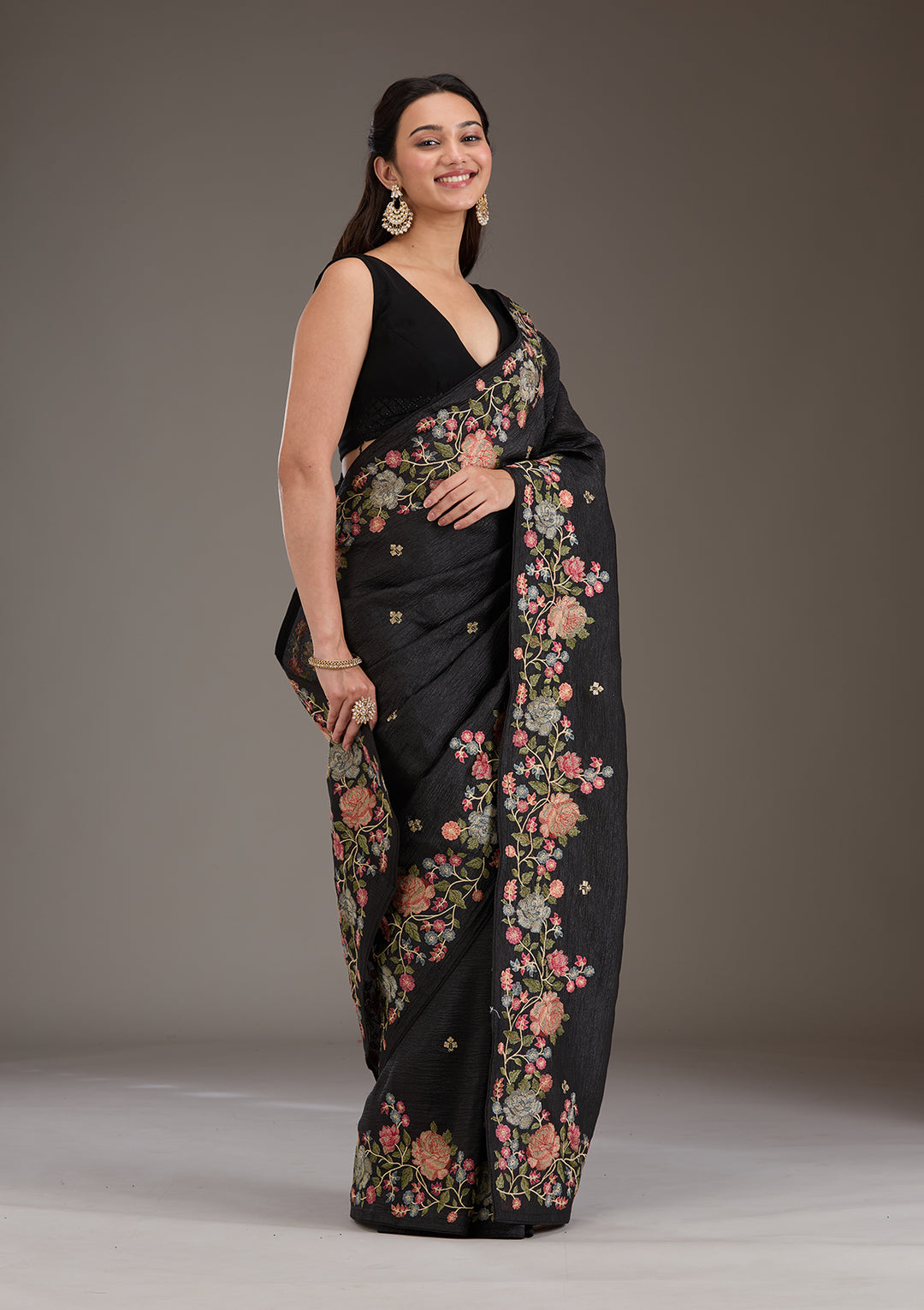 Black Tissue Threadwork Saree With Matching Blouse Piece