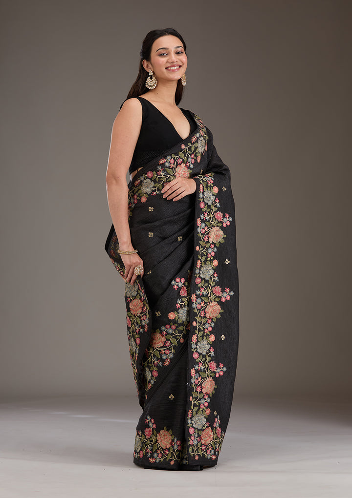 Black Tissue Threadwork Saree With Matching Blouse Piece