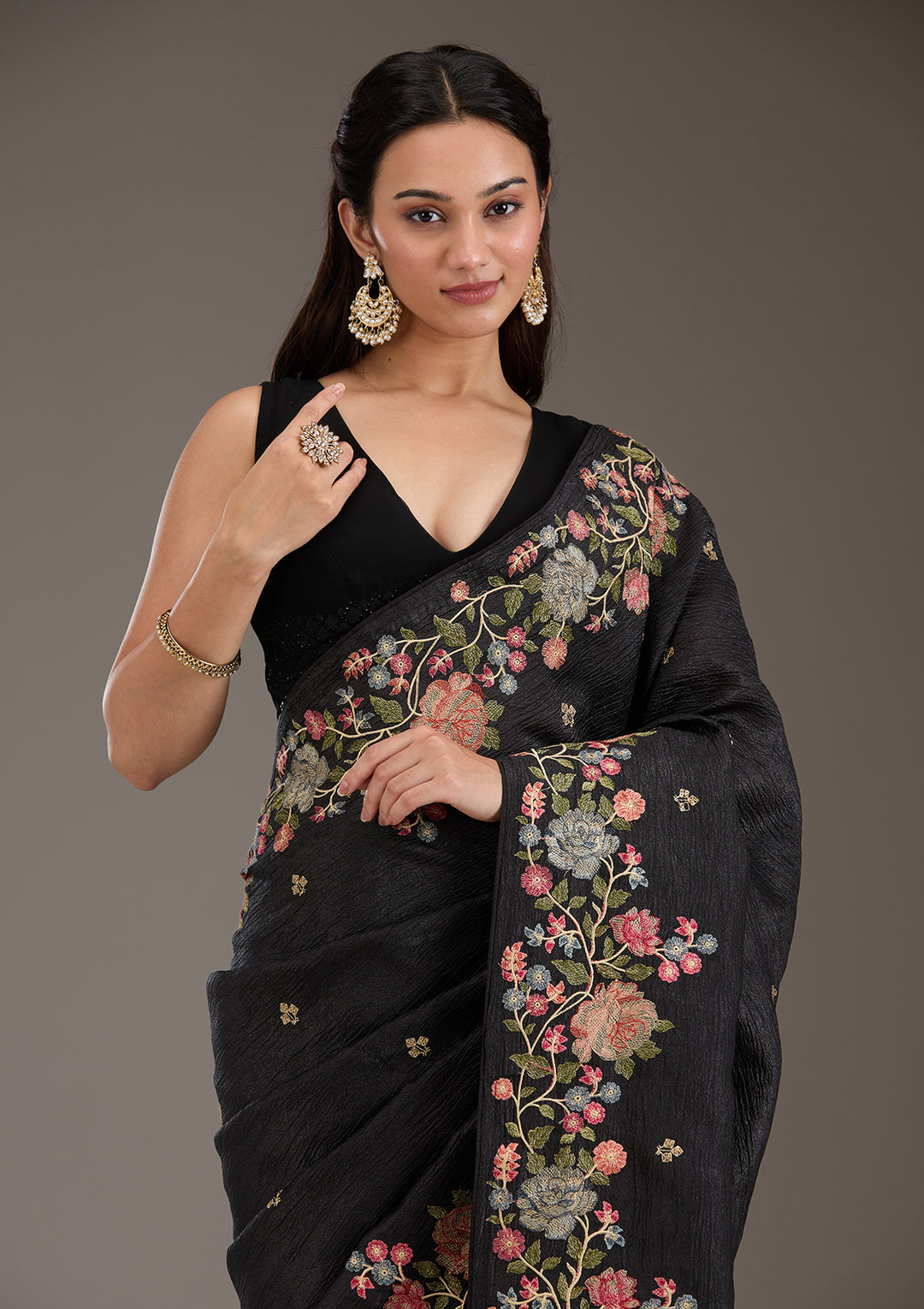 Black Tissue Threadwork Saree With Matching Blouse Piece