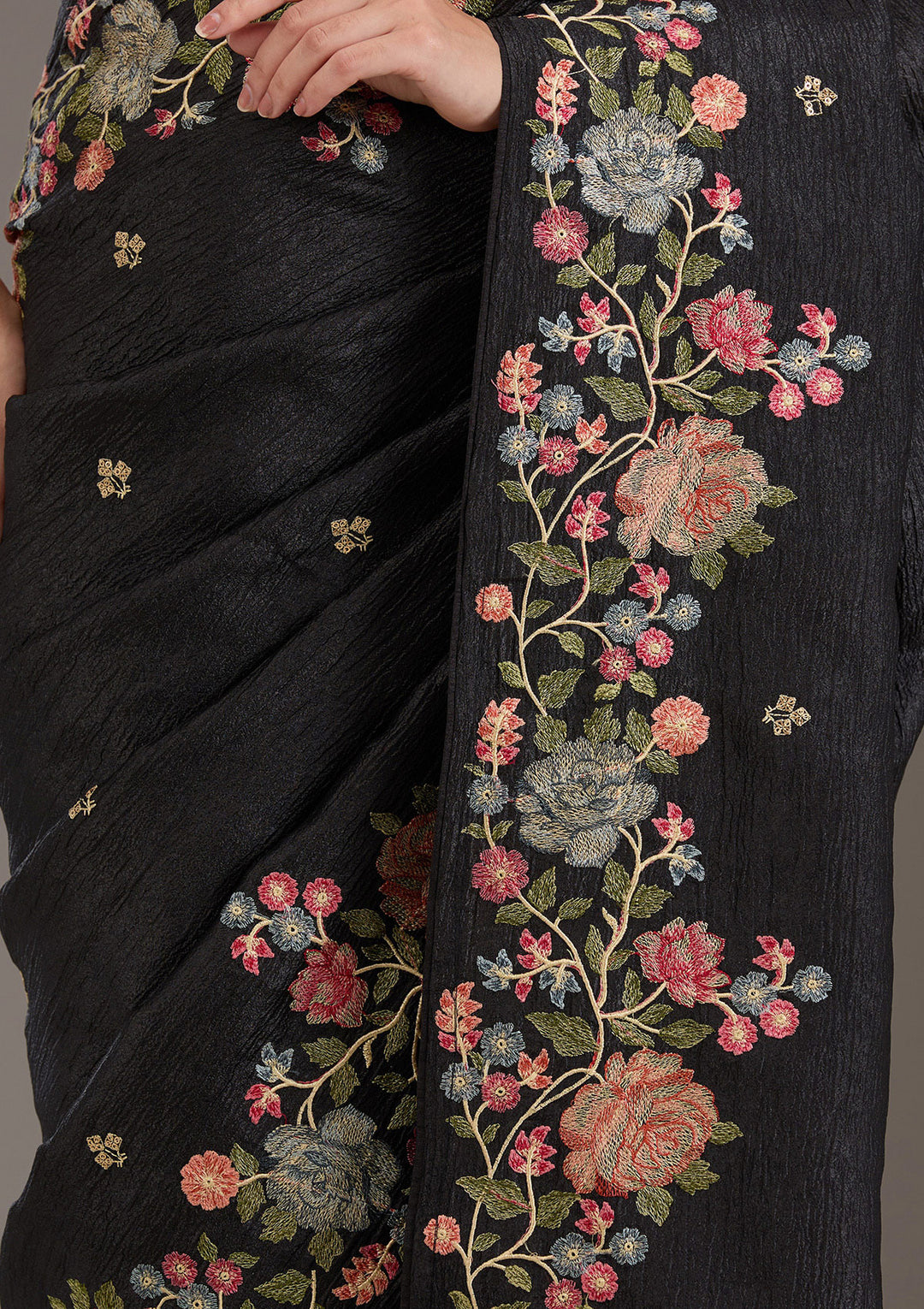 Black Tissue Threadwork Saree With Matching Blouse Piece