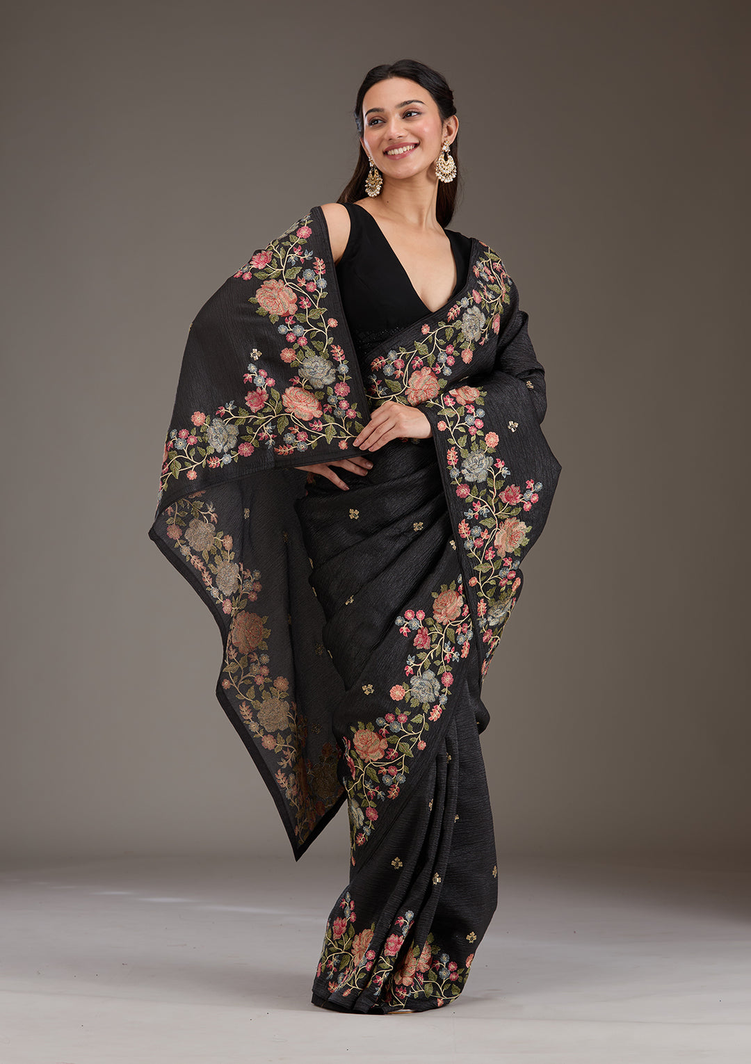 Black Tissue Threadwork Saree With Matching Blouse Piece