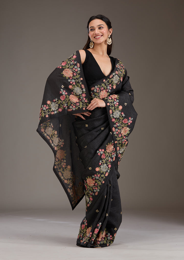 Black Tissue Threadwork Saree With Matching Blouse Piece