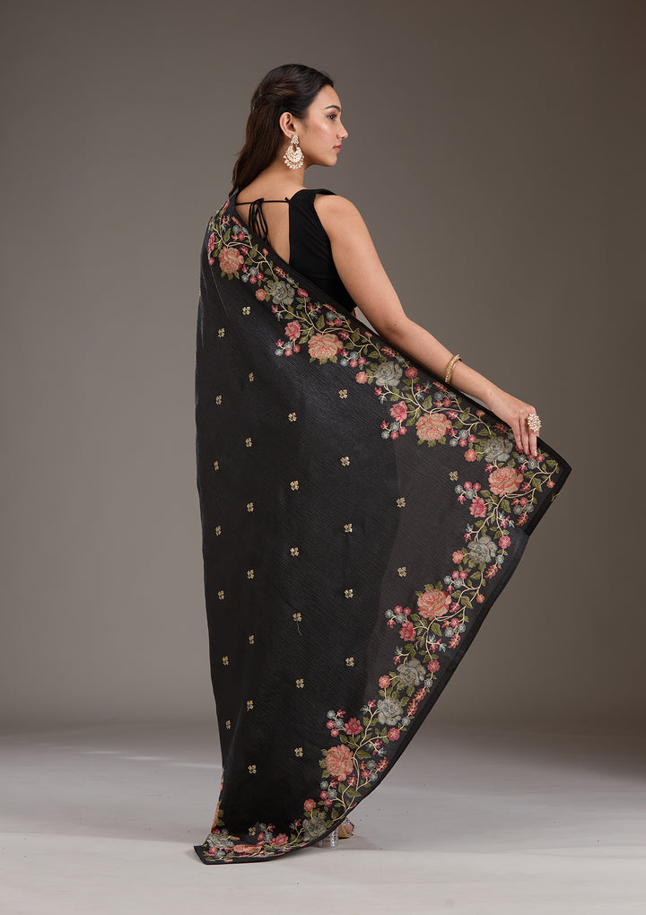 Black Tissue Threadwork Saree With Matching Blouse Piece