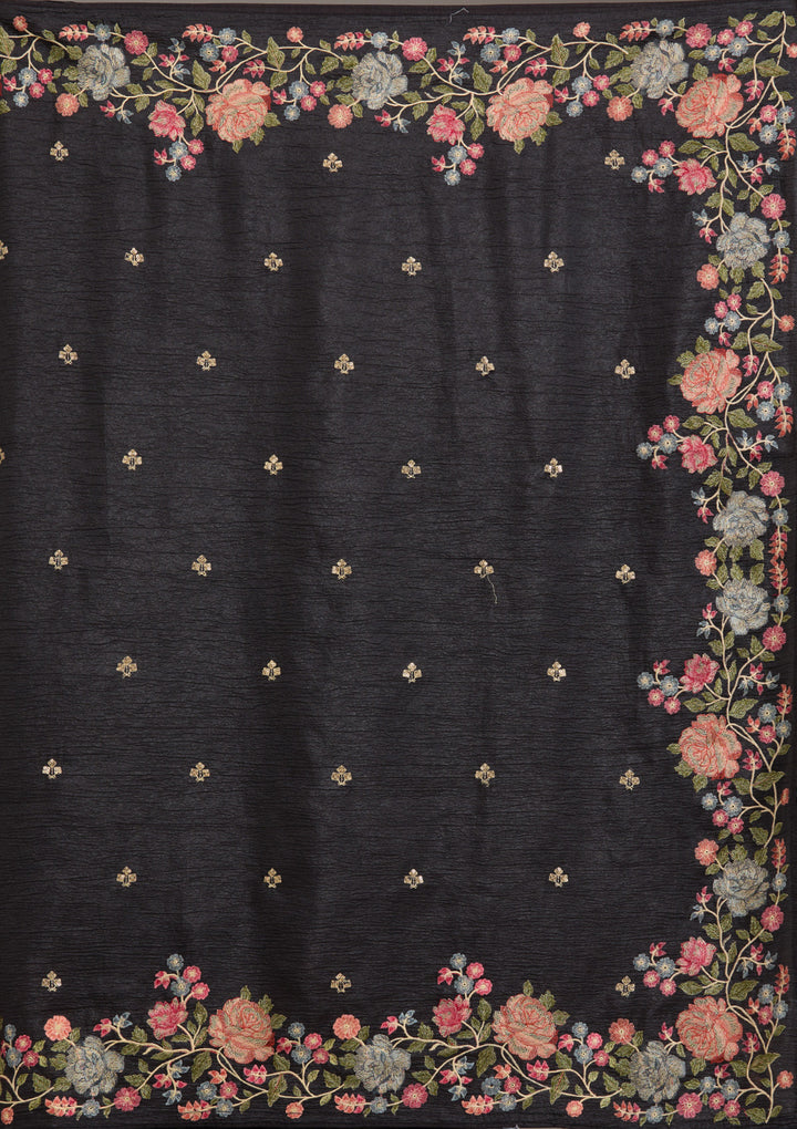 Black Tissue Threadwork Saree With Matching Blouse Piece