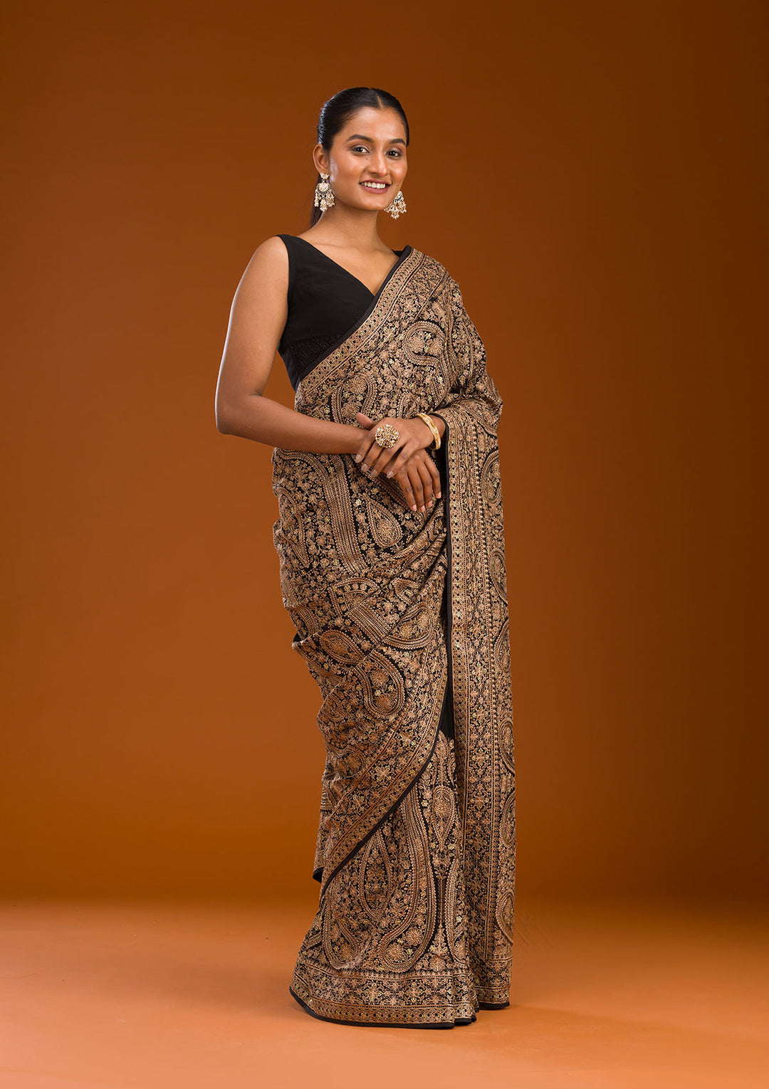 Black Georgette Kashmiri Saree With Matching Blouse Piece