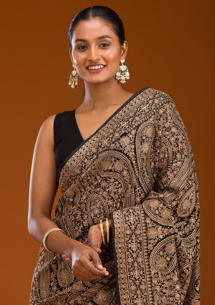 Black Georgette Kashmiri Saree With Matching Blouse Piece