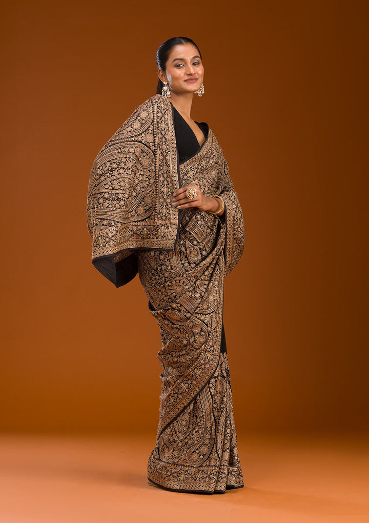 Black Georgette Kashmiri Saree With Matching Blouse Piece
