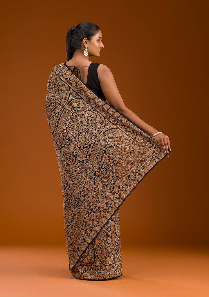 Black Georgette Kashmiri Saree With Matching Blouse Piece