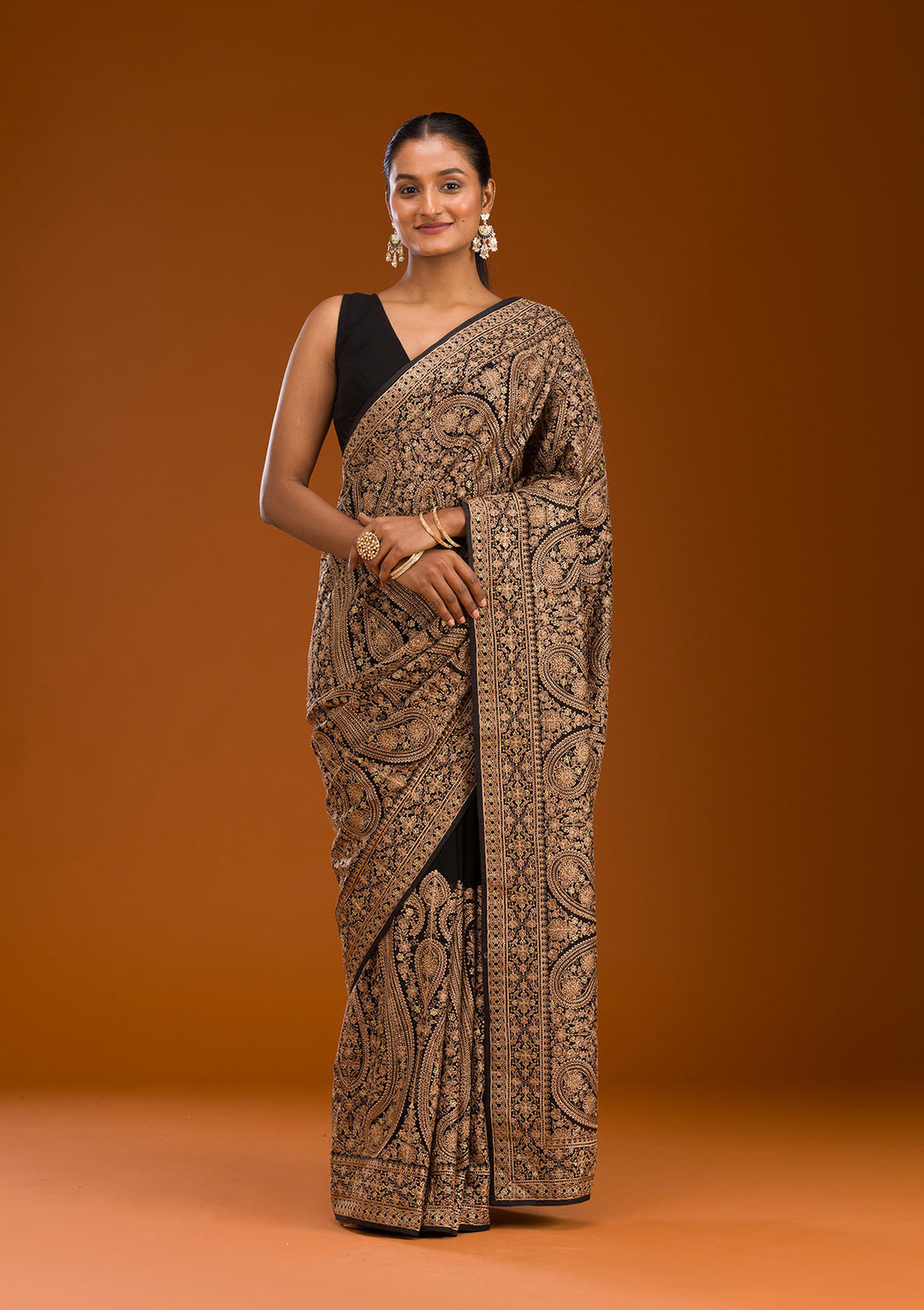 Black Georgette Kashmiri Saree With Matching Blouse Piece