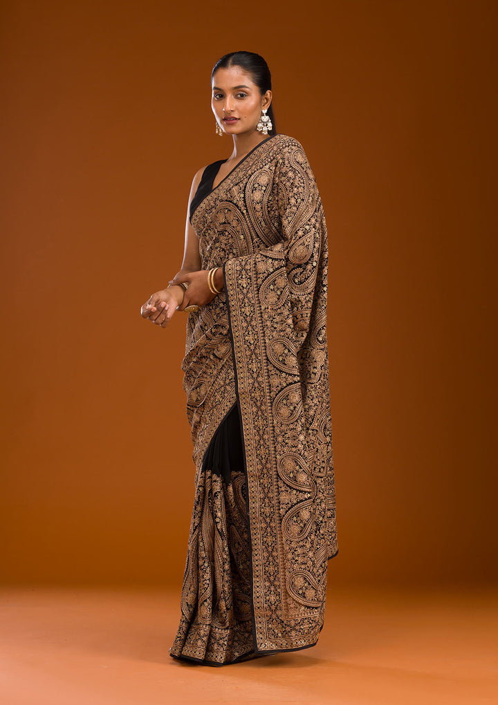 Black Georgette Kashmiri Saree With Matching Blouse Piece