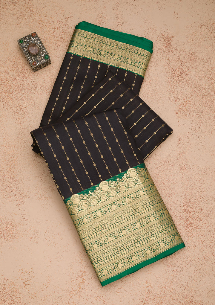 Black Silk Stripes Gold Zariwork Saree With Matching Blouse Piece