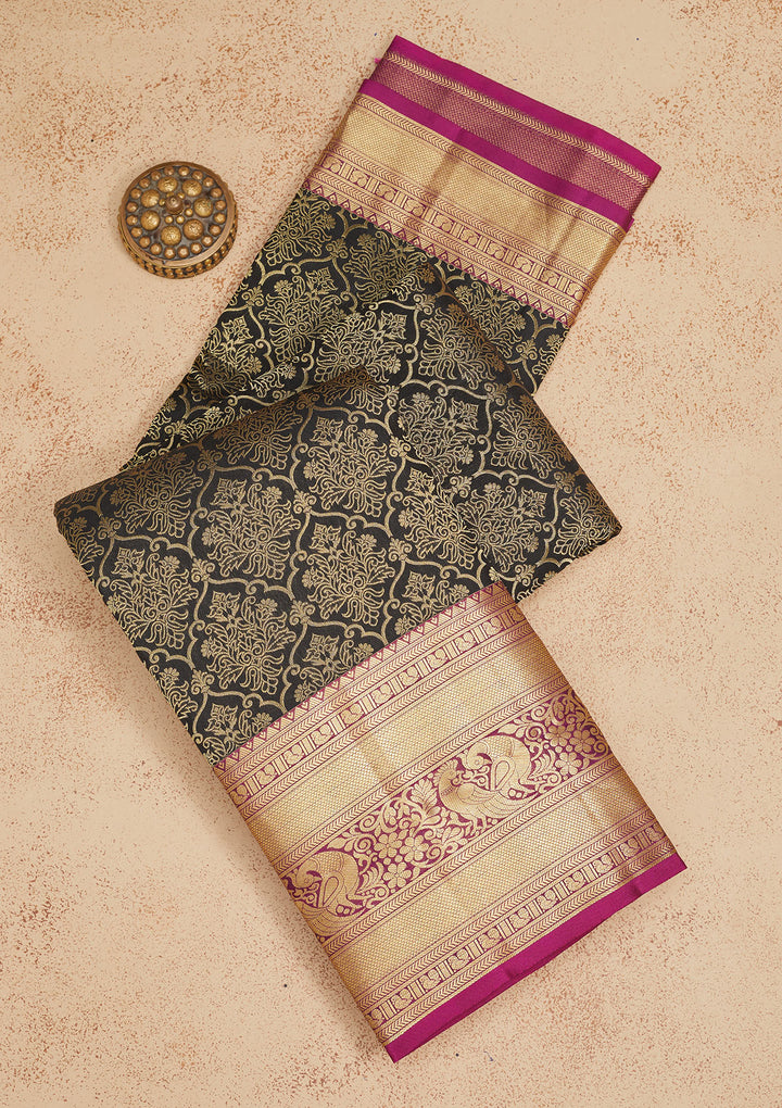 Black Silk Jaal Gold Zariwork Saree With Matching Blouse Piece
