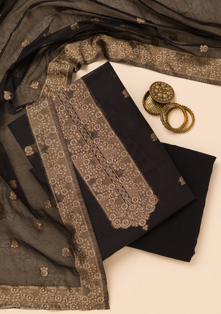 Black Chanderi Gold Zariwork Unstitched Dress Material With Matching Bottom And Dupatta