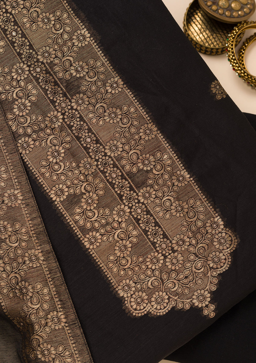 Black Chanderi Gold Zariwork Unstitched Dress Material With Matching Bottom And Dupatta