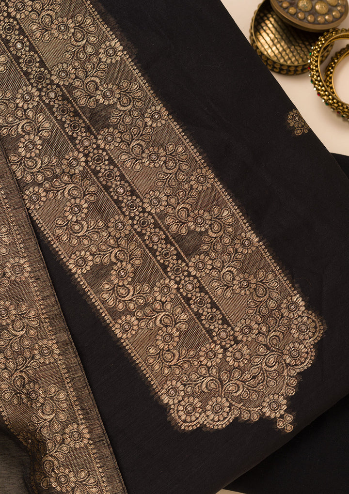Black Chanderi Gold Zariwork Unstitched Dress Material With Matching Bottom And Dupatta