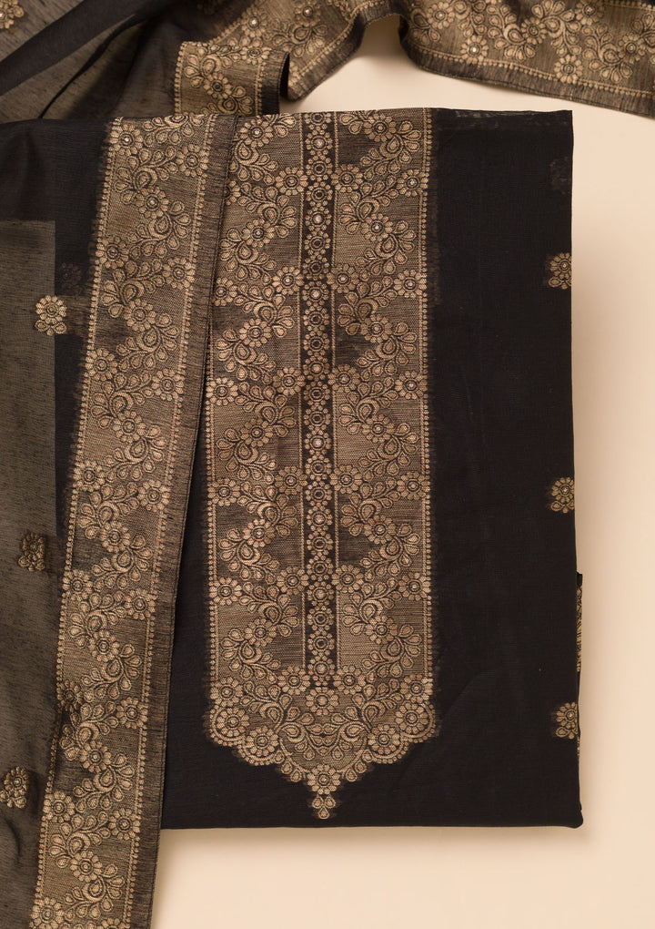 Black Chanderi Gold Zariwork Unstitched Dress Material With Matching Bottom And Dupatta
