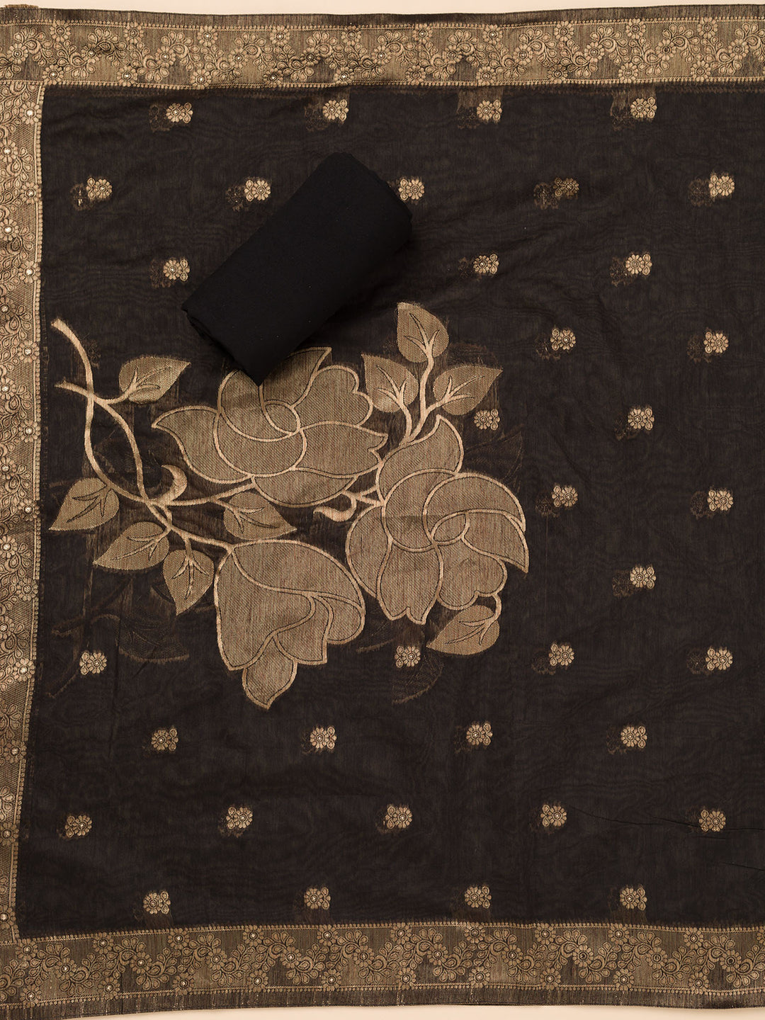 Black Chanderi Gold Zariwork Unstitched Dress Material With Matching Bottom And Dupatta