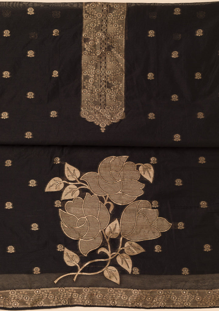 Black Chanderi Gold Zariwork Unstitched Dress Material With Matching Bottom And Dupatta