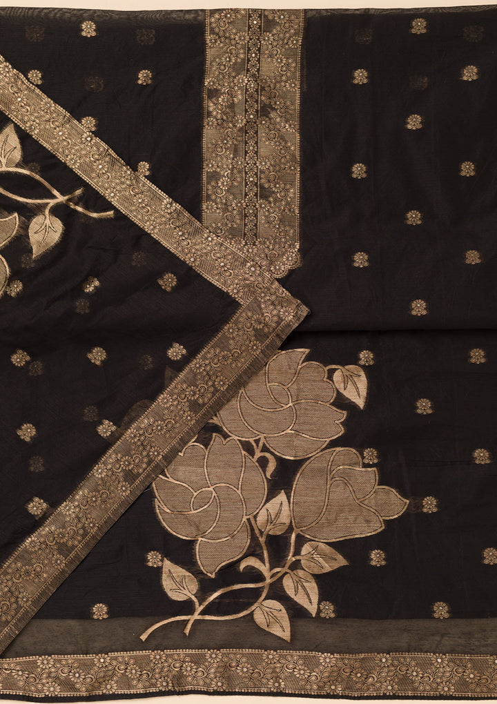 Black Chanderi Gold Zariwork Unstitched Dress Material With Matching Bottom And Dupatta