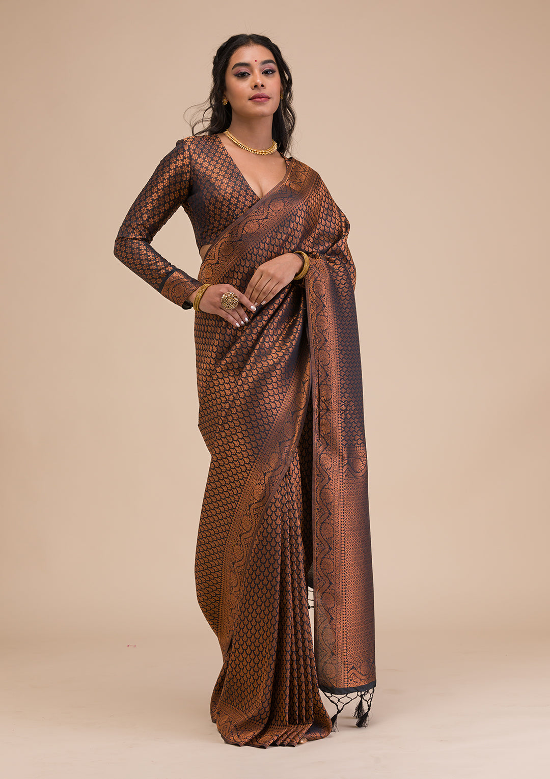 Black Silk Kanjivaram Antique Zariwork Saree With Matching Blouse Piece