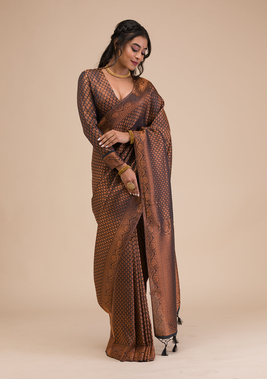 Black Silk Kanjivaram Antique Zariwork Saree With Matching Blouse Piece