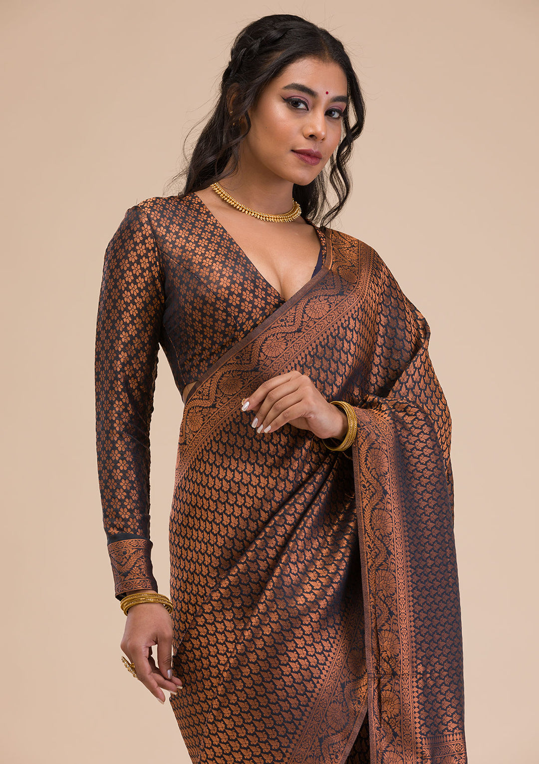 Black Silk Kanjivaram Antique Zariwork Saree With Matching Blouse Piece