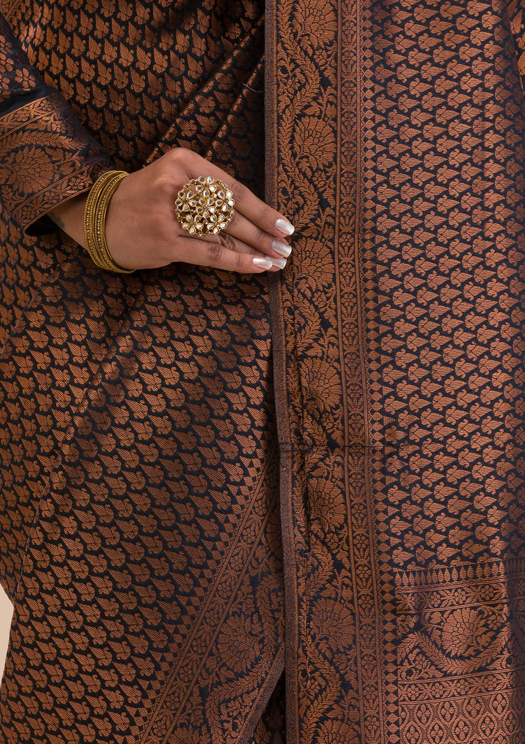 Black Silk Kanjivaram Antique Zariwork Saree With Matching Blouse Piece