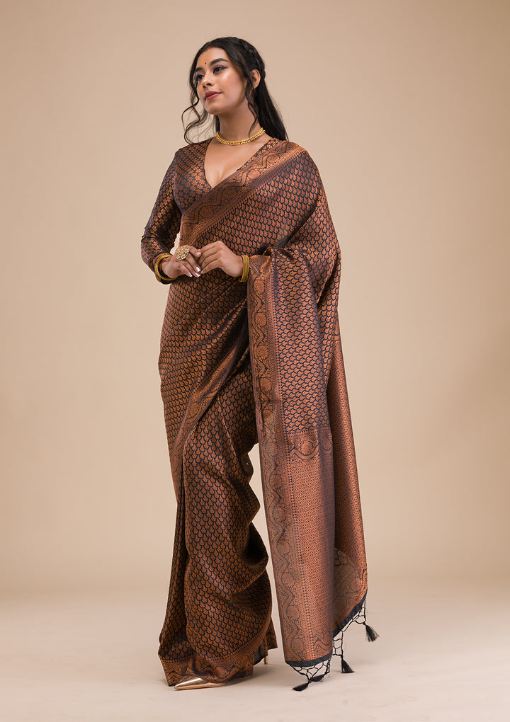 Black Silk Kanjivaram Antique Zariwork Saree With Matching Blouse Piece