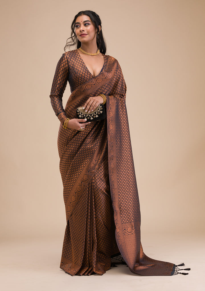 Black Silk Kanjivaram Antique Zariwork Saree With Matching Blouse Piece