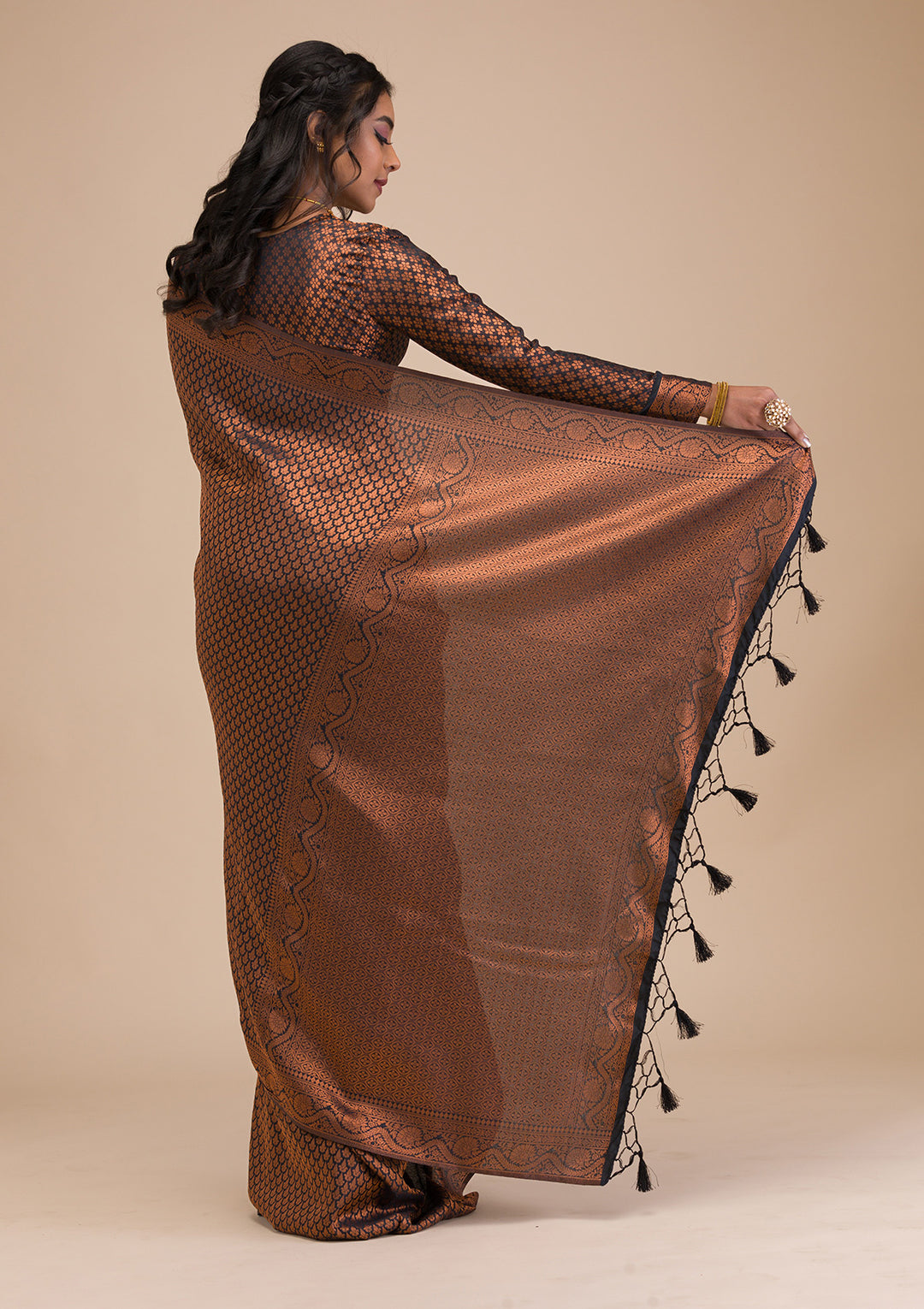 Black Silk Kanjivaram Antique Zariwork Saree With Matching Blouse Piece