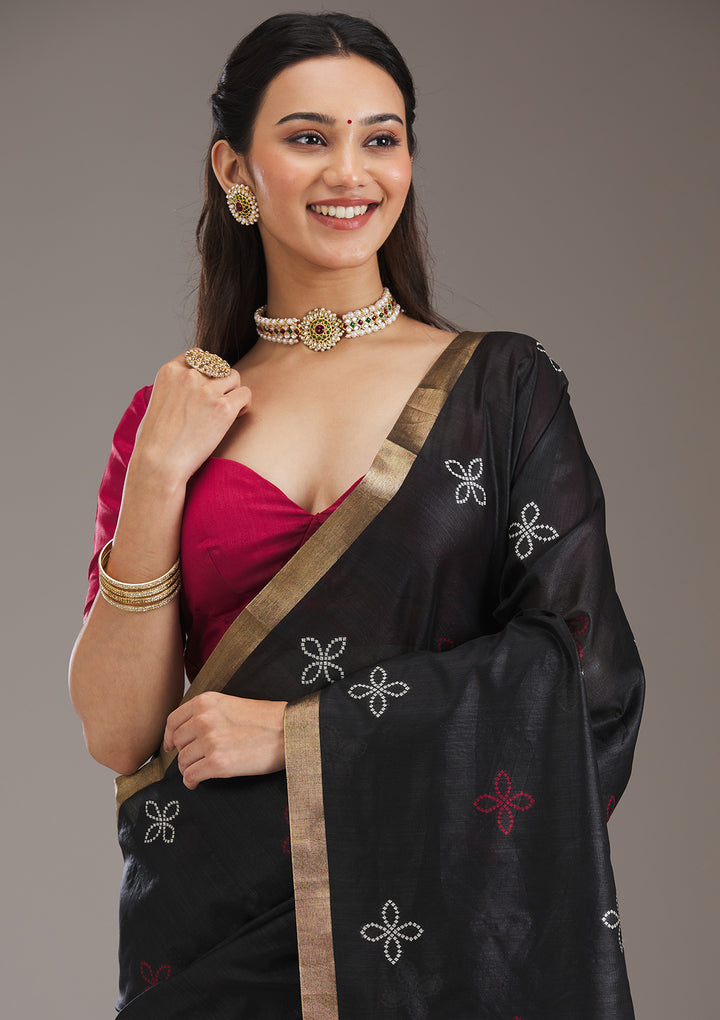 Black Silk Buti Saree With Matching Blouse Piece