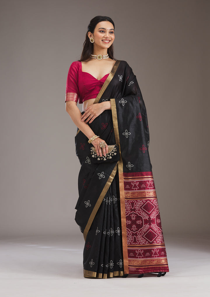 Black Silk Buti Saree With Matching Blouse Piece