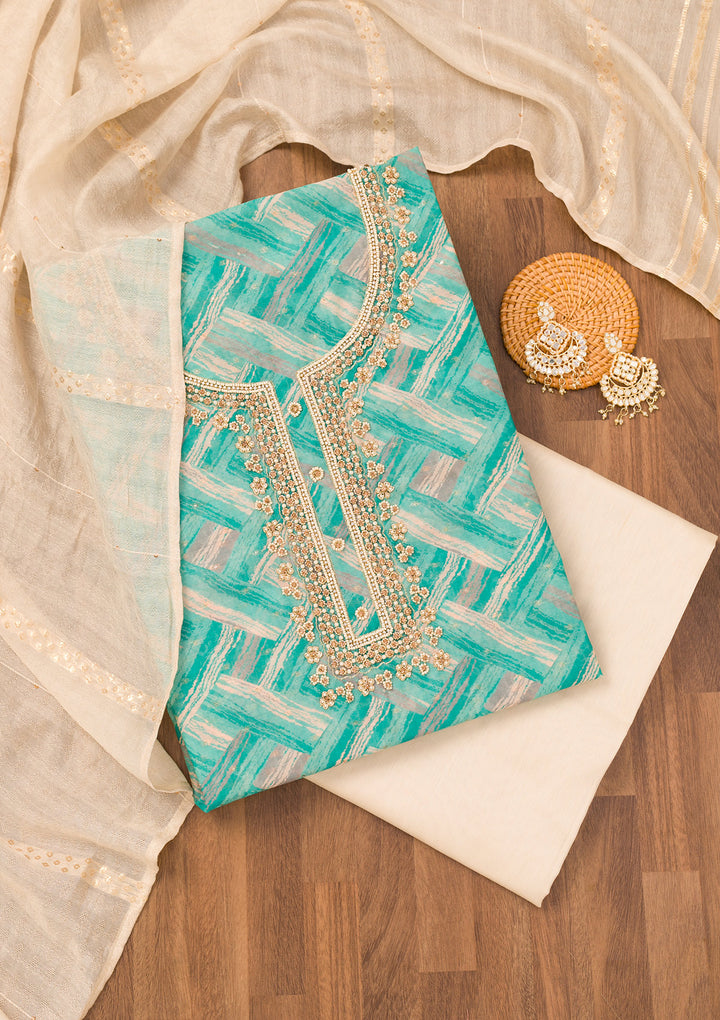 Blue Chanderi Abstract Geometric Pearlwork Unstitched Dress Material With Matching Bottom And Dupatta