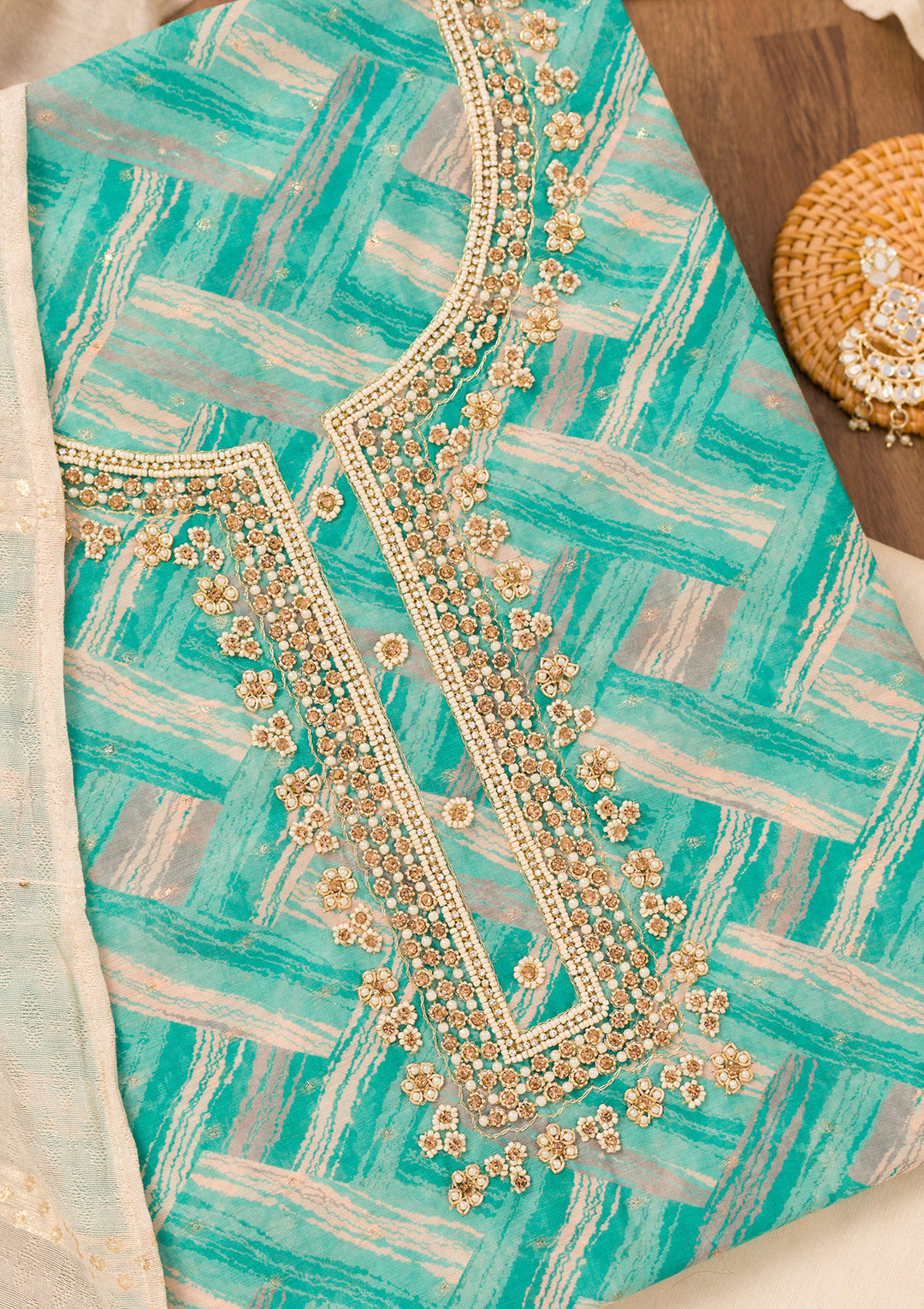 Blue Chanderi Abstract Geometric Pearlwork Unstitched Dress Material With Matching Bottom And Dupatta