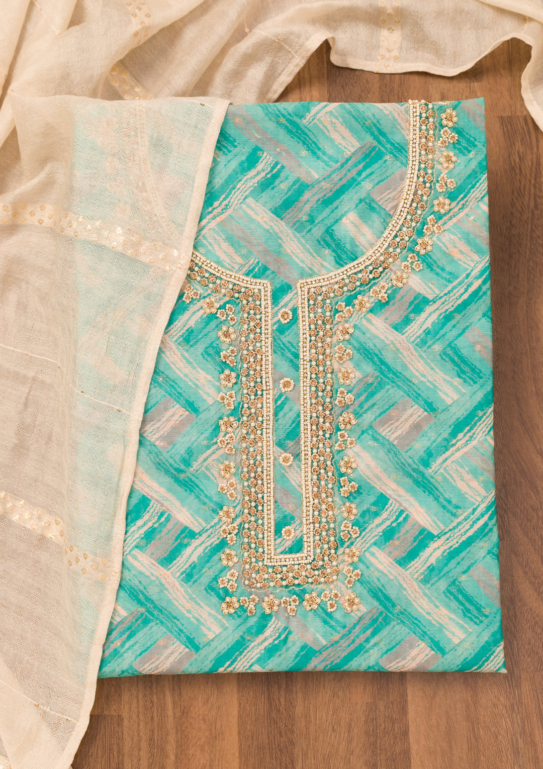 Blue Chanderi Abstract Geometric Pearlwork Unstitched Dress Material With Matching Bottom And Dupatta