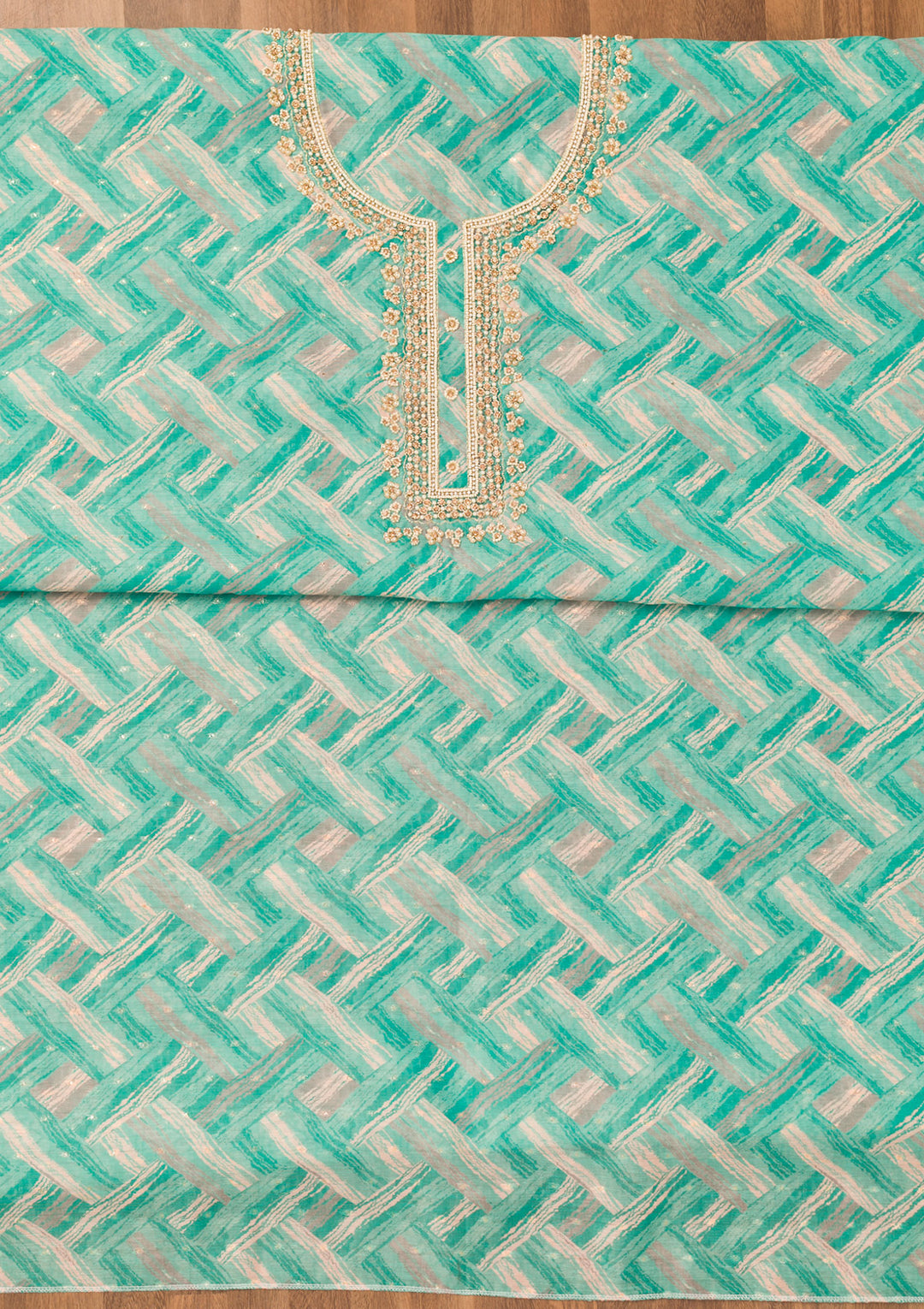 Blue Chanderi Abstract Geometric Pearlwork Unstitched Dress Material With Matching Bottom And Dupatta